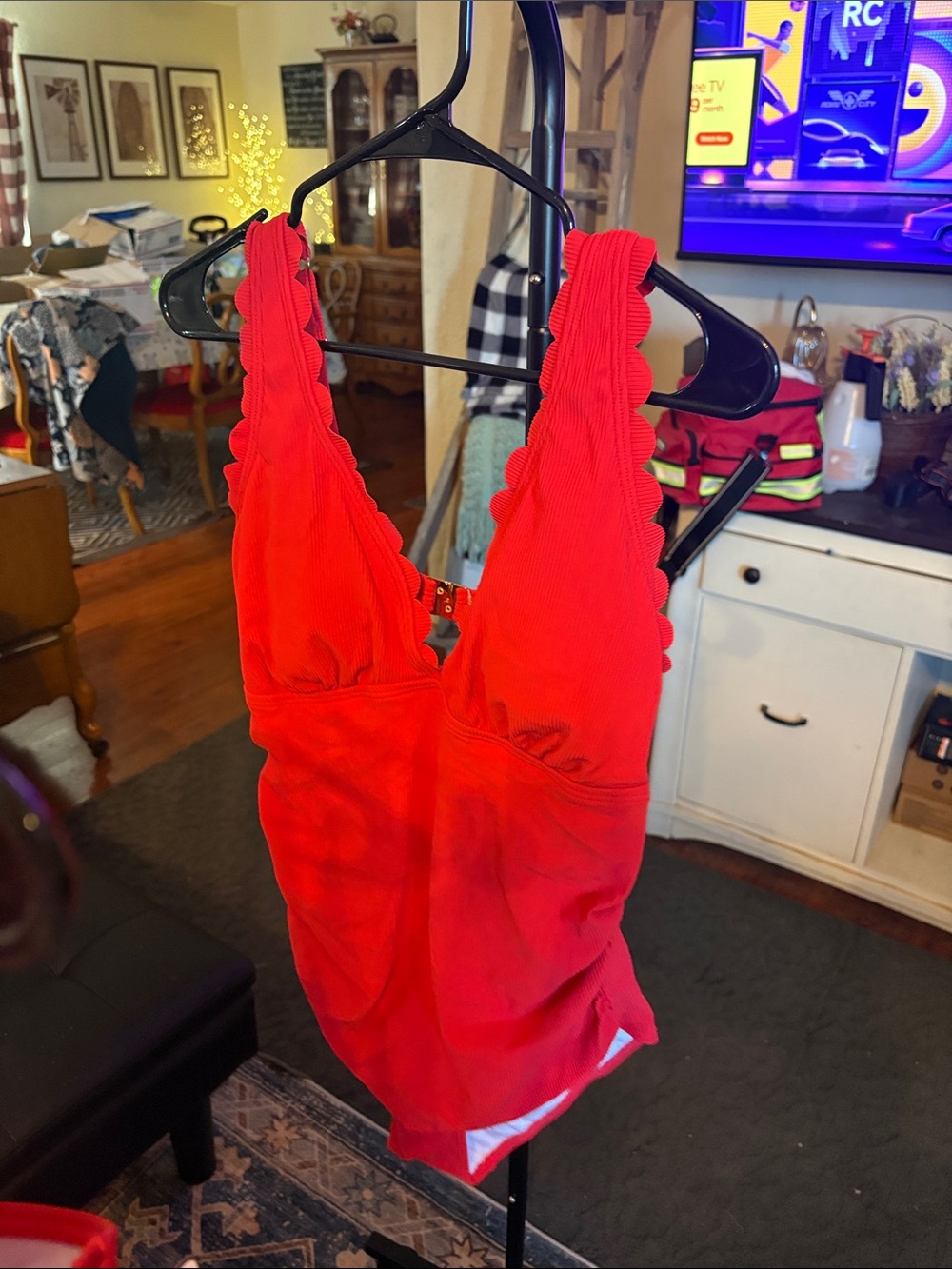Scalloped V-Neck Red One-Piece Swimsuit with Scalloped Trim